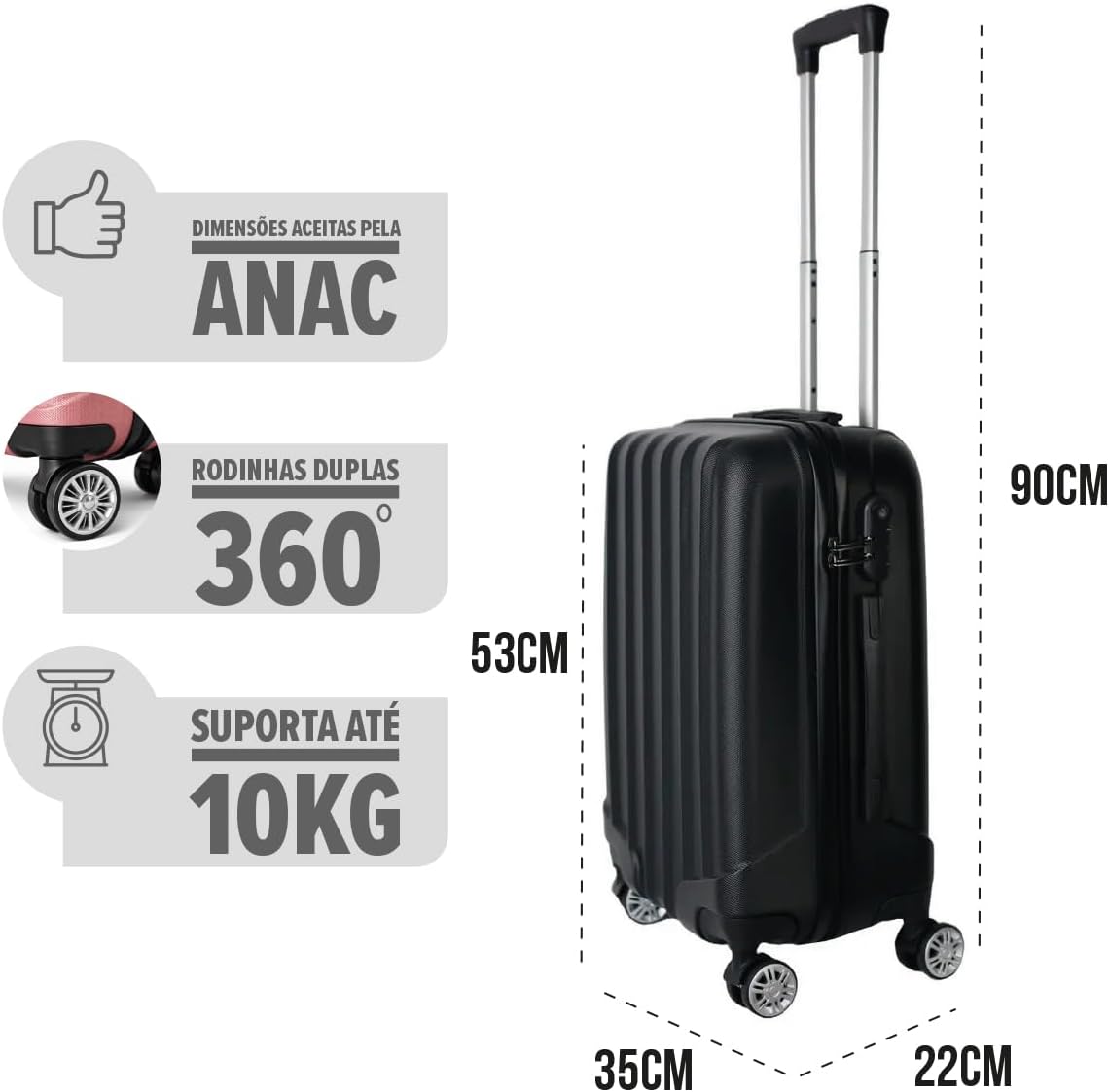 Mala de Viagem de Bordo Silent Noronha 10kg - Padrão ANAC | Rígida em ABS | 4 Rodas Duplas 360° | Cadeado Numérico Integrado | Leve e Resistente (Cor Preto) - Imagem 4