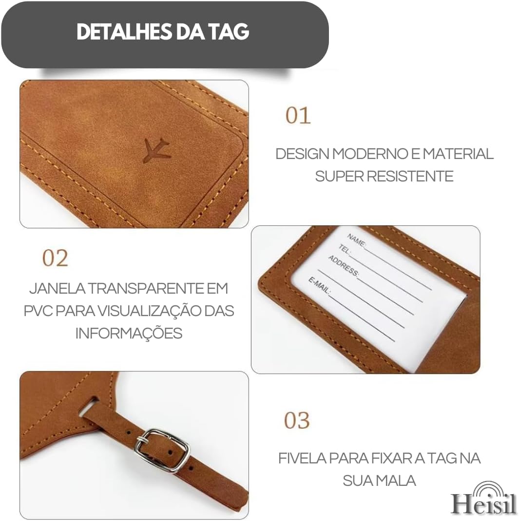 Tag De Mala Couro Para Identificação De Bagagem, Fecho De Fivela, Com Capa De Privacidade, Etiqueta De Bagagem De Couro Para Malas, Resistente E Durável – HEISIL (AZUL CLARO) - Imagem 4