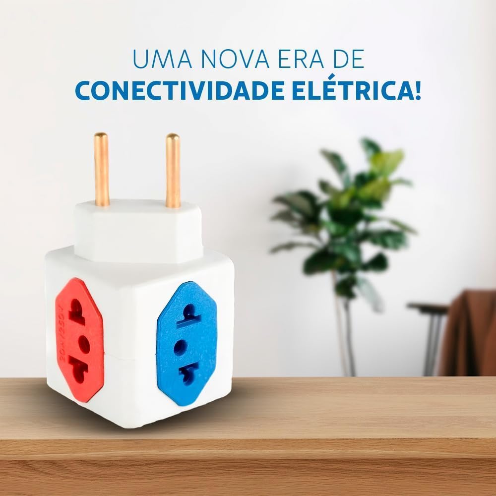 KIT Com 3 Adaptadores Benjamim Cubo 3D Com 3 Entradas de Tomada 10 Amperes E 1 Entrada de Tomada 20 Amperes Colorido Vermelho Azul Plug Padrão Novo 3 Pinos Resistente PREMIUM ONYK - Imagem 5