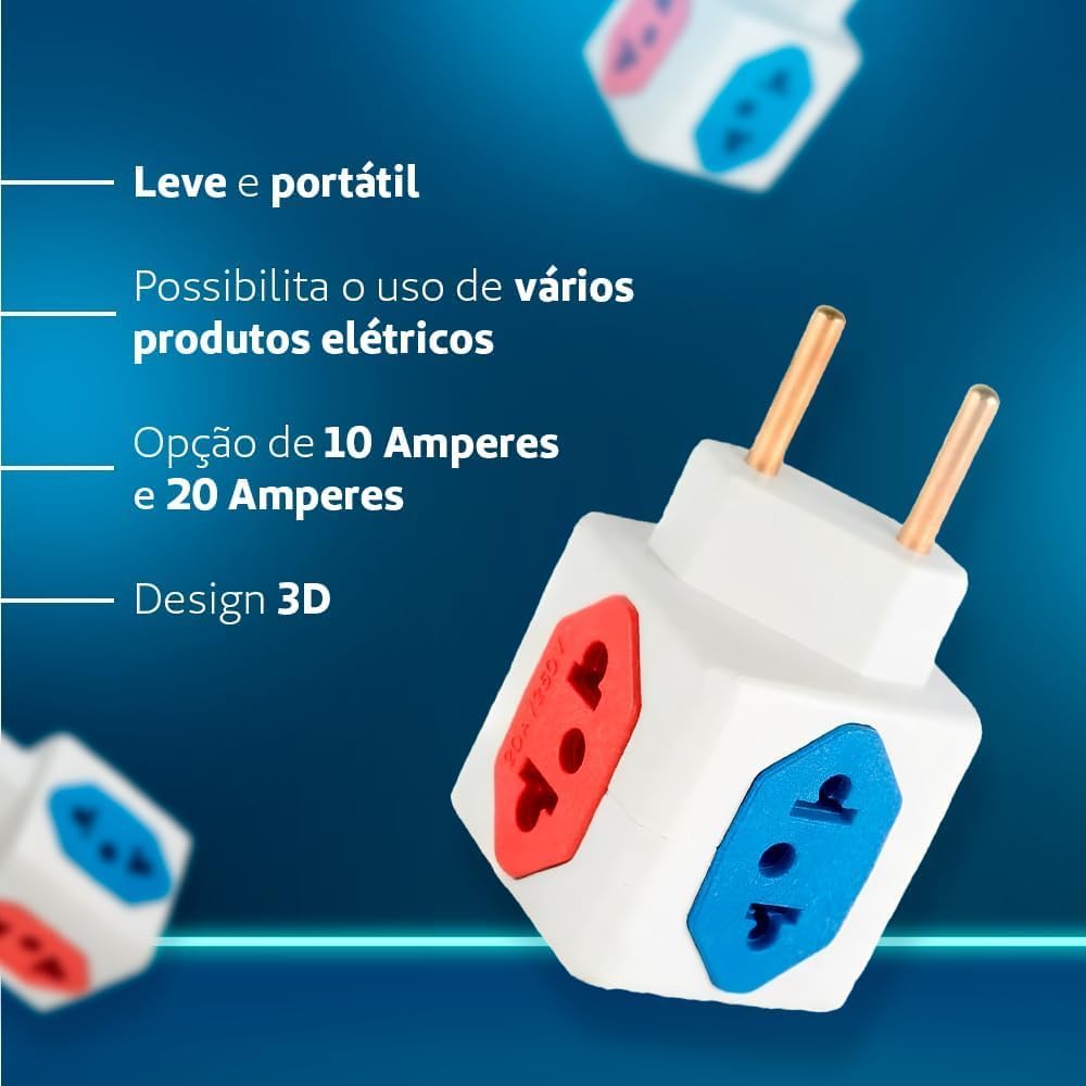 KIT Com 3 Adaptadores Benjamim Cubo 3D Com 3 Entradas de Tomada 10 Amperes E 1 Entrada de Tomada 20 Amperes Colorido Vermelho Azul Plug Padrão Novo 3 Pinos Resistente PREMIUM ONYK - Imagem 4