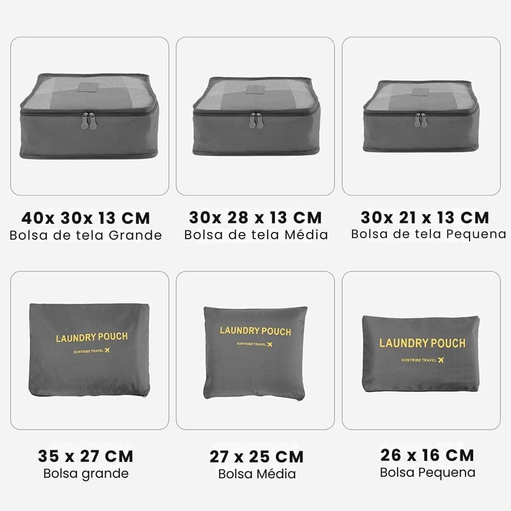 Kit Organizador de Mala 6 Peças para Viagem – Necessaires Dobráveis Impermeáveis e Respiráveis – Organização de Roupas, Acessórios e Higiene – Compacto, Resistente e Versátil (Preto) - Imagem 3