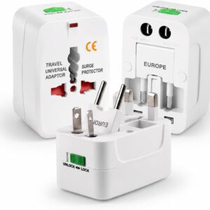 Adaptador de Tomada Universal Para Viagem Padrão Internacional Europa UK Asia EUA JP AU EU Europeu 3 Pinos Mais de 150 Países Bivolt Trava de Segurança Portátil Ajustável -