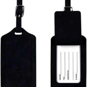 Tag De Mala Couro Para Identificação De Bagagem, Fecho De Fivela, Com Capa De Privacidade, Etiqueta De Bagagem De Couro Para Malas, Resistente E Durável – HEISIL (PRETO)