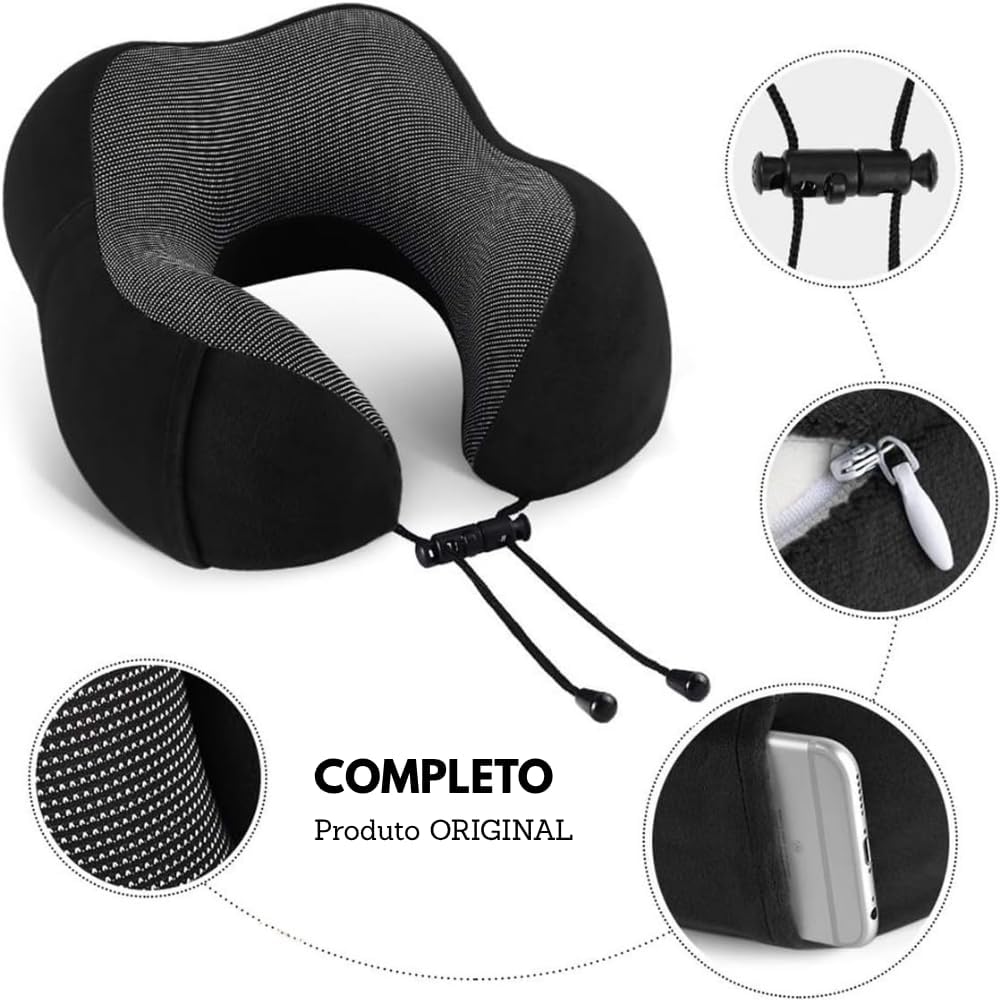 Travesseiro de Pescoço Formato U para Viagem Avião Carro Ônibus Almofada Ortopédica Ergonômica com Espuma Viscoelástica para Cervical, Cabeça e Pescoco Adulto - NRSHOP (Preto) - Imagem 5