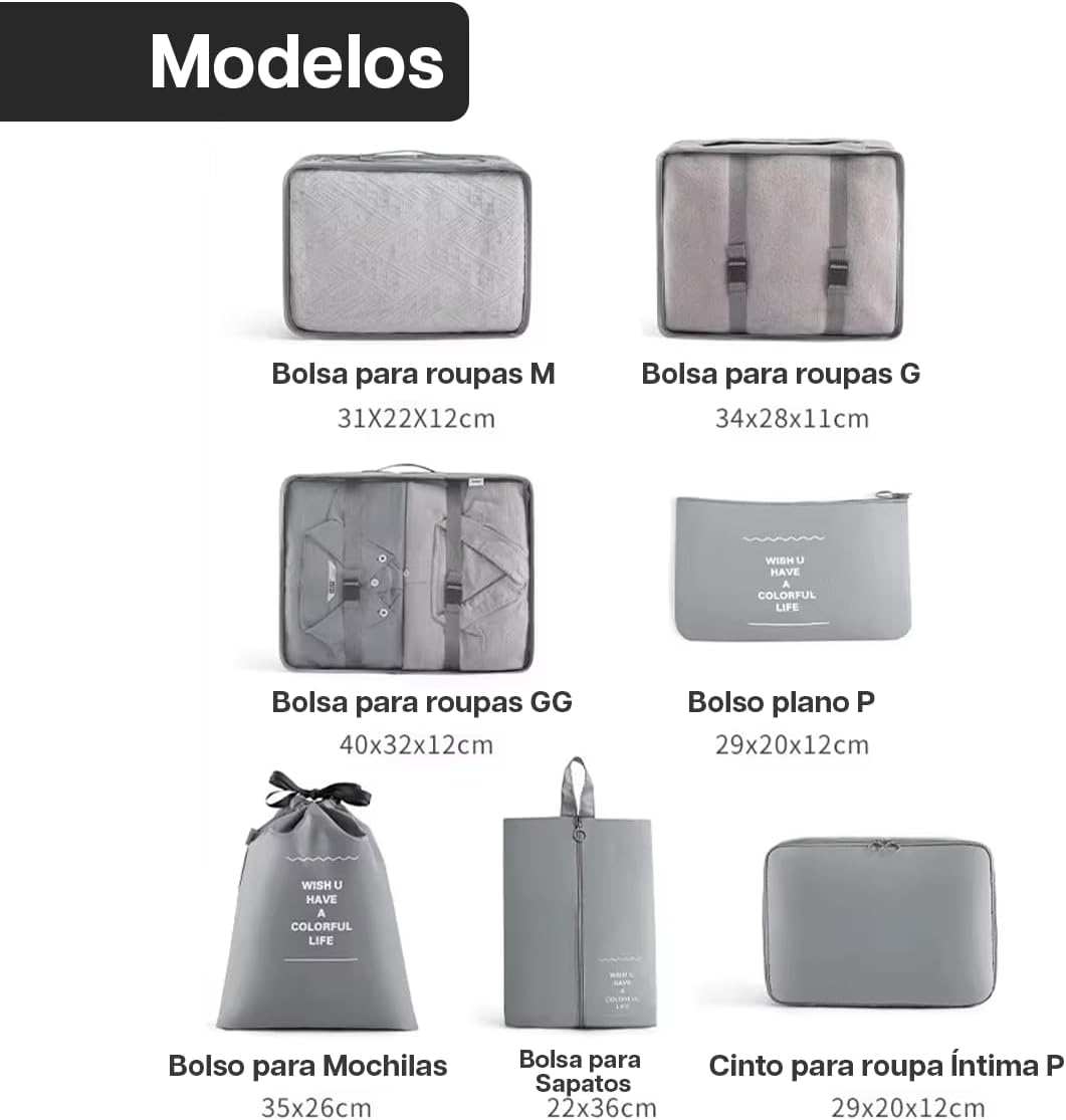 Organizador Viagem Kit 7 Peças - Necessaire para Bagagem Malas Roupas Bolsa Cosméticos Higiene - Dobrável Impermeável Multiuso Feminina Masculina Unissex Grande Compacto Prático (BEGE) - Imagem 6