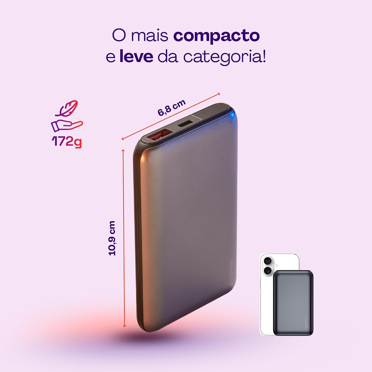 Geonav Power Bank, Carregador Portátil Universal 10.000mAh, USB-A (até 18W) + USB-C (até 20W), Compacto, Carregamento Rápido, Pass Through, Led Indicador de Bateria, PB10K20WSG, Cinza espacial - Imagem 2