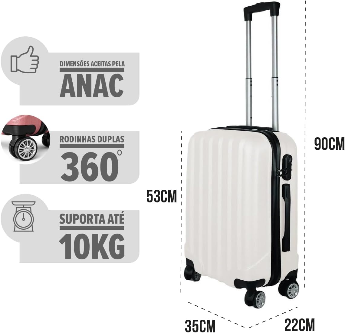 Mala de Viagem de Bordo Silent Noronha 10kg - Padrão ANAC | Rígida em ABS | 4 Rodas Duplas 360° | Cadeado Numérico Integrado | Leve e Resistente (Branco) - Imagem 4