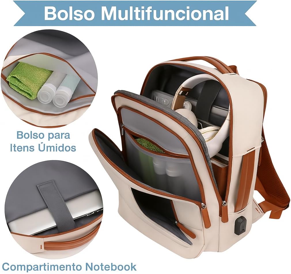 Mochila Grande para Notebook 15,6" Expansível e Impermeável | Mochila Executiva de Viagem Aprovada por Companhias Aéreas com Porta USB, Bolso para Líquidos, Mochila Escolar e de Trabalho - Imagem 8