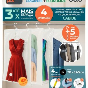 Kit 4 Sacos a Vácuo de Pendurar no Cabide 70x145cm | Organizador de Roupas Longas | Hanger Plus Baú | Economiza até 3x Espaço no Armário