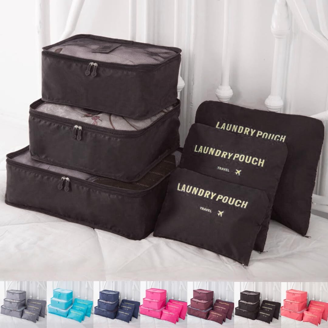 Kit Organizador de Mala 6 Peças para Viagem – Necessaires Dobráveis Impermeáveis e Respiráveis – Organização de Roupas, Acessórios e Higiene – Compacto, Resistente e Versátil (Preto)