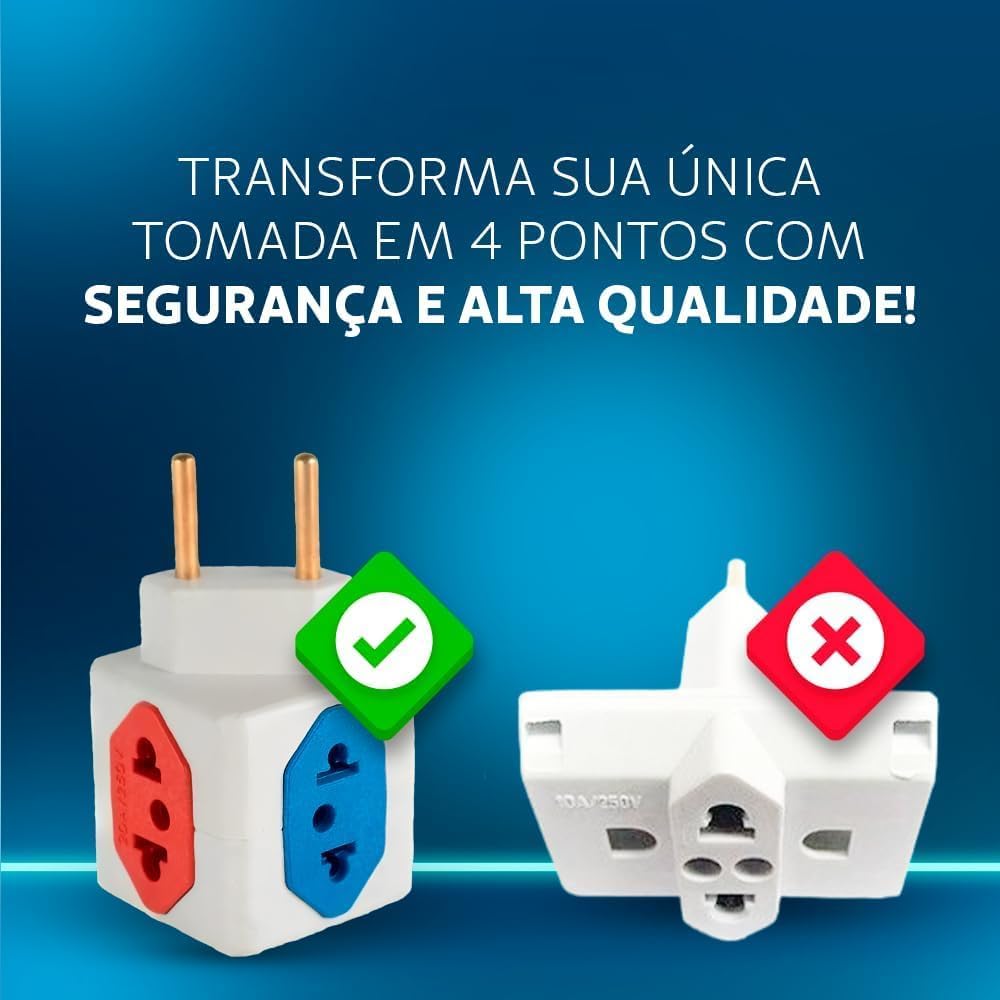 KIT Com 2 Adaptadores Benjamim Cubo 3D Com 3 Entradas de Tomada 10 Amperes E 1 Entrada de Tomada 20 Amperes CORES SORTIDAS Plug Padrão Novo 3 Pinos Resistente PREMIUM ONYK - Imagem 3