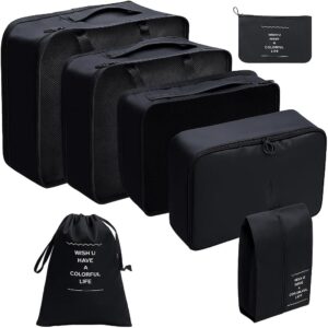 Organizador Viagem Kit 7 Peças - Necessaire para Bagagem Malas Roupas Bolsa Cosméticos Higiene - Dobrável Impermeável Multiuso Feminina Masculina Unissex Grande Compacto Prático (PRETO)