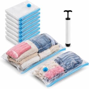 Kit 10 Sacos a Vácuo Premium (2 Grandes/3 Médios/5 Pequenos) Com Bomba Manual, Economiza Espaço, Saco Organizador a Vácuo para Mala, Viagem e Armazenamento