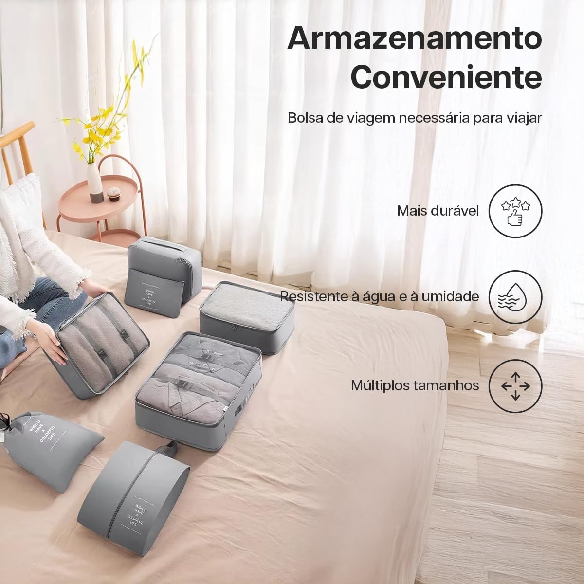 Organizador Viagem Kit 7 Peças - Necessaire para Bagagem Malas Roupas Bolsa Cosméticos Higiene - Dobrável Impermeável Multiuso Feminina Masculina Unissex Grande Compacto Prático (BEGE) - Imagem 2