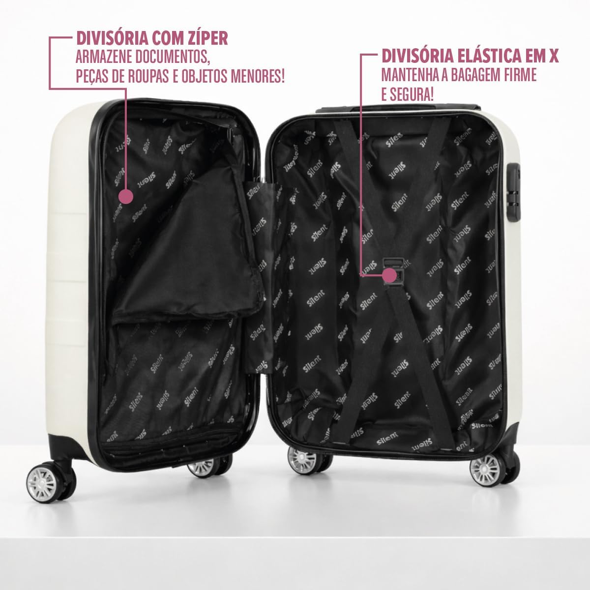 Kit Mala de Bordo Silent Ipanema + Frasqueira - Padrão ANAC | Rígida em ABS | 4 Rodas Duplas 360° | Cadeado Numérico Integrado | Leve e Resistente (Branco) - Imagem 3