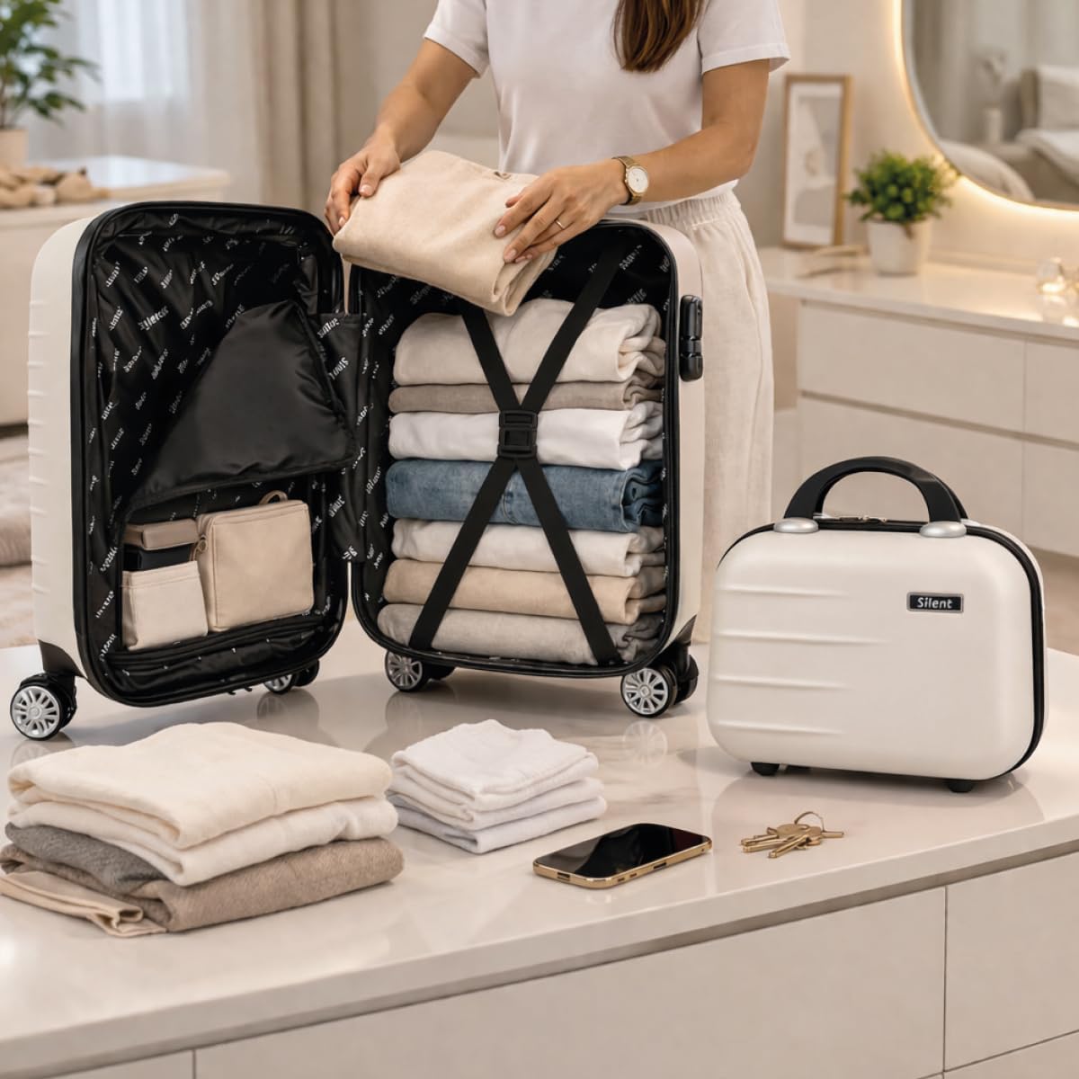Kit Mala de Bordo Silent Ipanema + Frasqueira - Padrão ANAC | Rígida em ABS | 4 Rodas Duplas 360° | Cadeado Numérico Integrado | Leve e Resistente (Branco) - Imagem 2