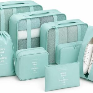 Kit Organizador de Mala 7 Peças Impermeável Organizador de Bagagem para Roupas Sapatos e Cosméticos Necessaire de Viagem Dobrável Compacta Alta Capacidade Multiuso Unissex para Viagens (VERDE AGUA)