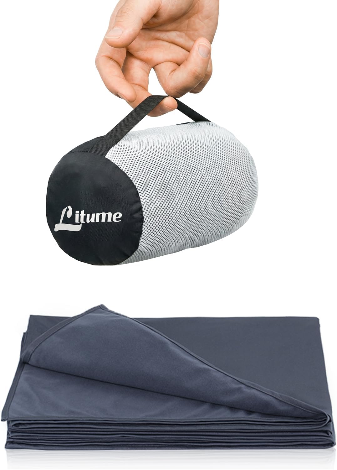 Litume Cobertor de viagem leve e respirável, cobertor de avião macio 170 x 122 cm para viajantes, lençol de acampamento dobrável com saco de coisas para trem, acampamento, viagens(Cinza Azul Escuro)