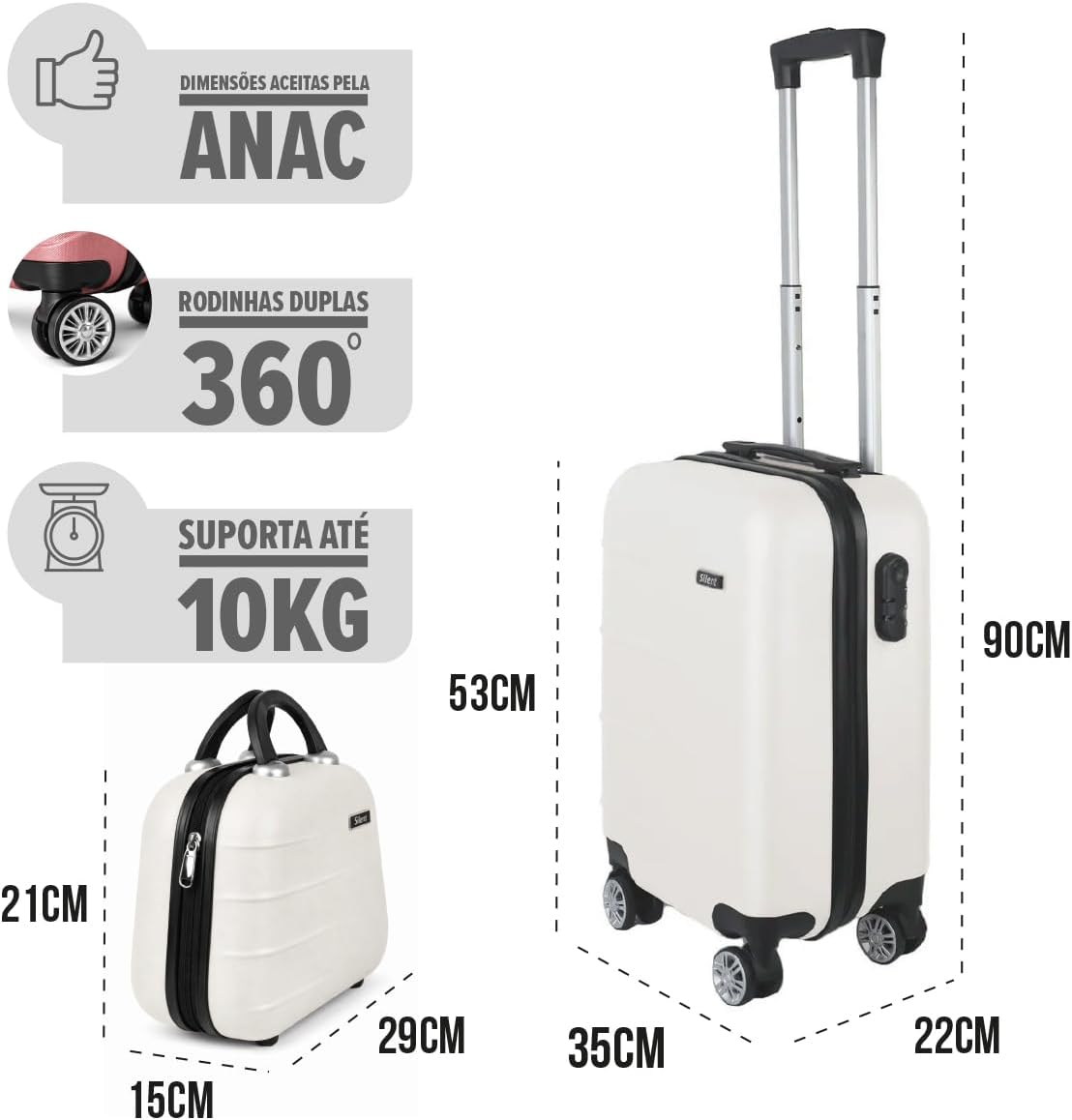 Kit Mala de Bordo Silent Ipanema + Frasqueira - Padrão ANAC | Rígida em ABS | 4 Rodas Duplas 360° | Cadeado Numérico Integrado | Leve e Resistente (Branco) - Imagem 4