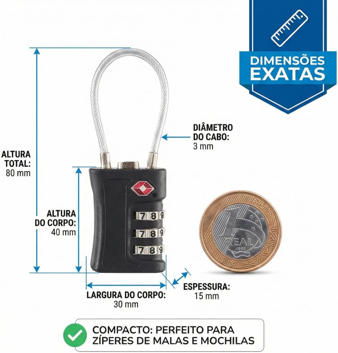 Cadeado com Segredo TSA 3 Dígitos para Mala de Viagem Mochila e Armário de Academia, Trava de Segurança em Aço Reforçado, Cor Preto (Preto) - Imagem 2