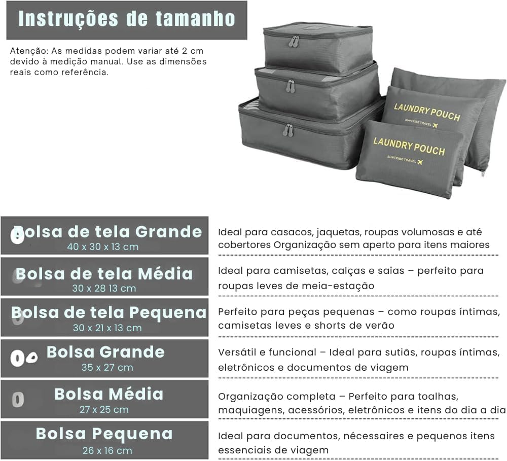 Kit Organizador de Mala 6 Peças para Viagem – Necessaires Dobráveis Impermeáveis e Respiráveis – Organização de Roupas, Acessórios e Higiene – Compacto, Resistente e Versátil (Preto) - Imagem 4