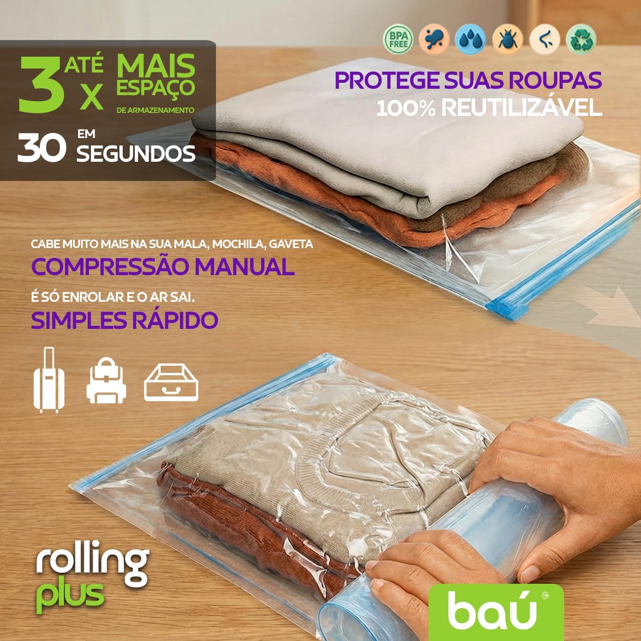 Kit 12 Sacos a Vácuo Manual p/Viagem s/Bomba - Enrole e Tire o Ar - Rolling Plus Baú - Imagem 2