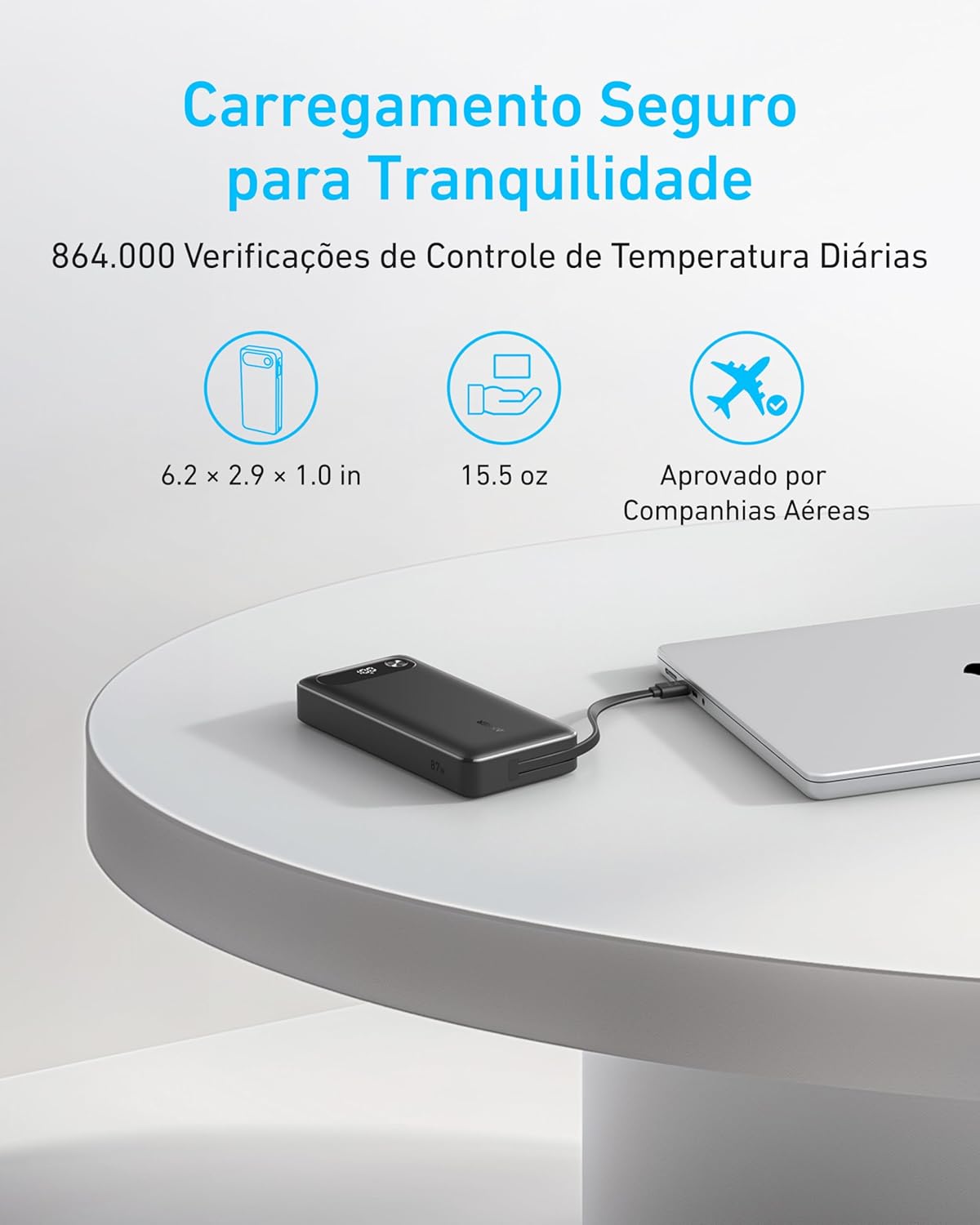 Anker Power Bank, 20.000mAh Carregador Portátil para Notebook com Cabo USB-C Integrado, 3-Portas 87W Máx Carregamento Rápido, Compatível com MacBook, iPhone 17/16/15, Samsung, Xiaomi,Switch e Mais - Imagem 6