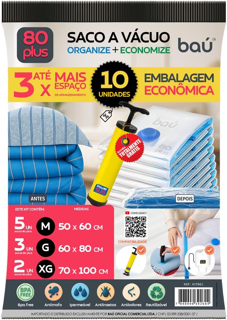 Saco a Vácuo Organizador 80 Plus 10 Unidades Kit Completo (5 M / 3 G / 2 XG) Bomba POWERSUG