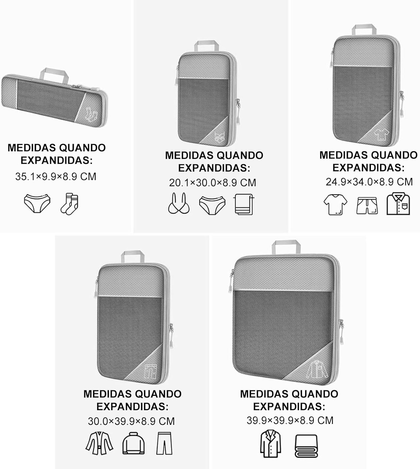 Kit Organizador de Malas para Viagem Necessaire com compressão 5 Peças Grande Cor Cinza - Imagem 4