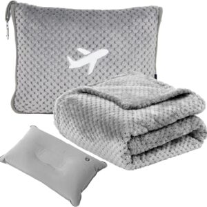 Cobertor de viagem compacto de avião com bolsa, cobertor de avião embalável 3 em 1, conjunto de travesseiro e cobertor de viagem, travesseiro inflável, manga de bagagem e clipe de mochila