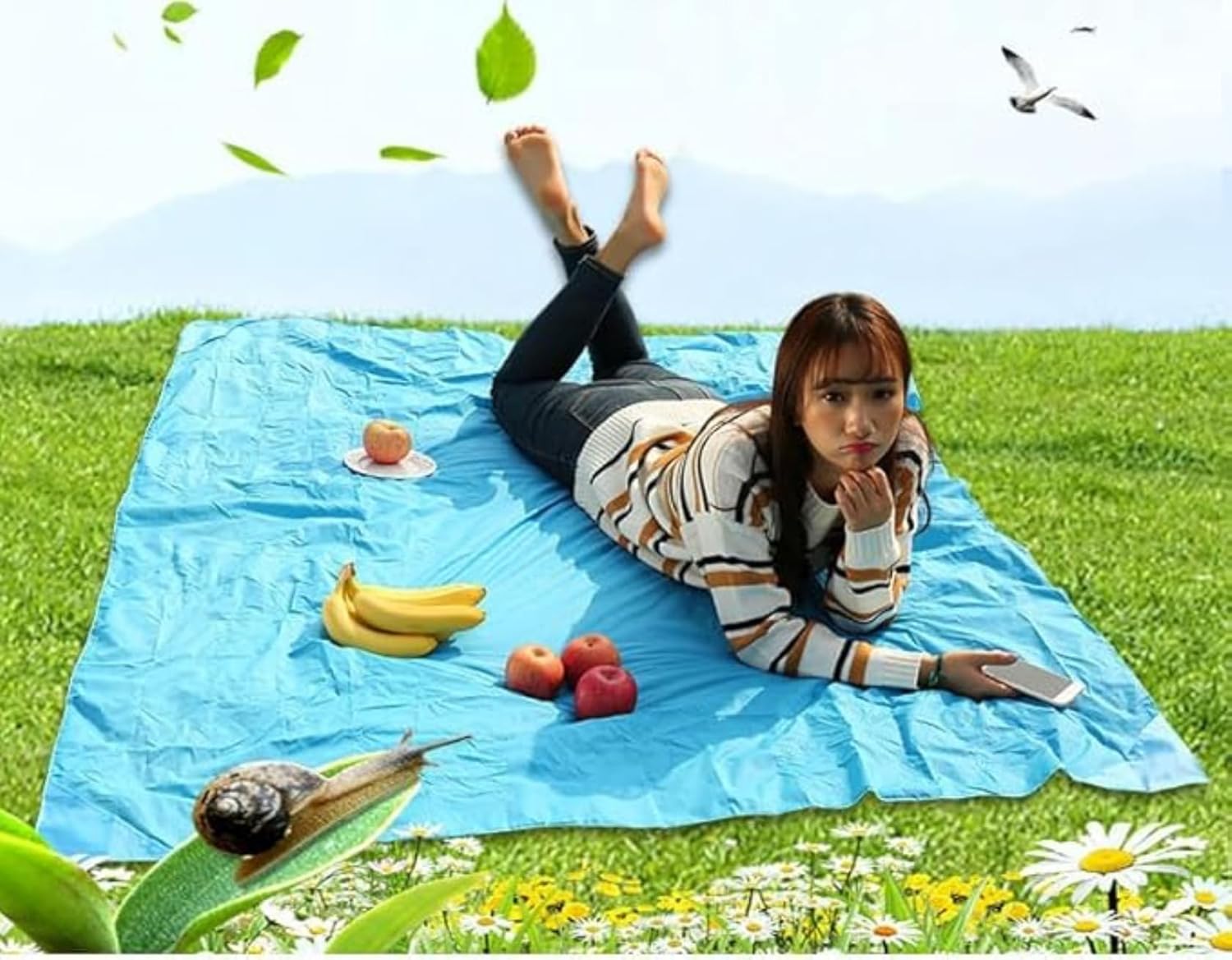 Cobertor compacto de bolso – Tapete externo impermeável 150 x 109 cm, tamanho dobrável de 13 cm, azul - Imagem 3