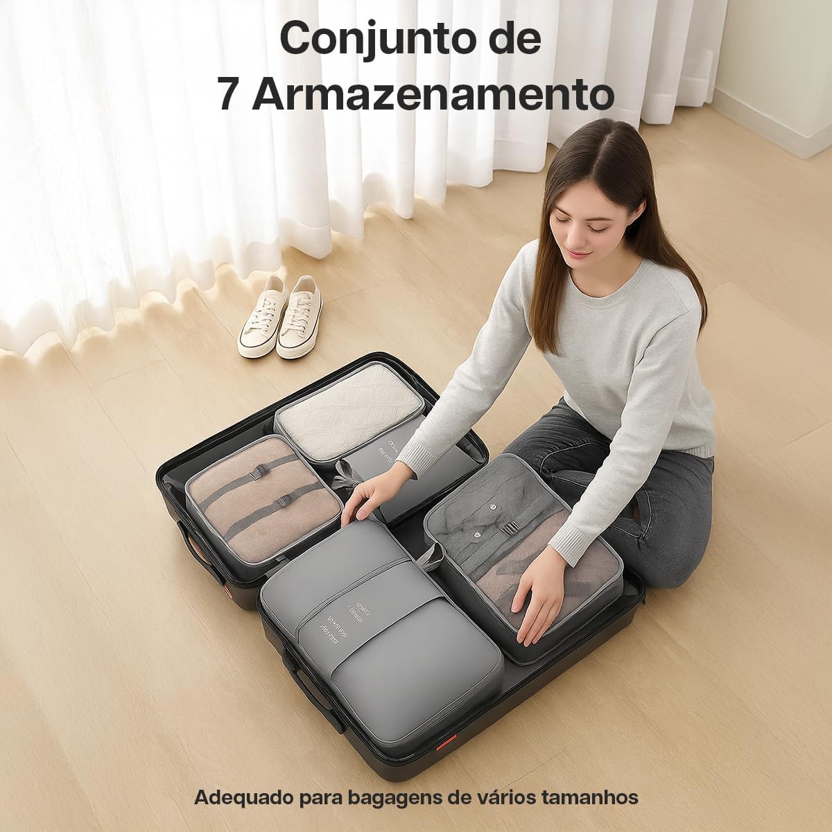 Organizador Viagem Kit 7 Peças - Necessaire para Bagagem Malas Roupas Bolsa Cosméticos Higiene - Dobrável Impermeável Multiuso Feminina Masculina Unissex Grande Compacto Prático (BEGE) - Imagem 3
