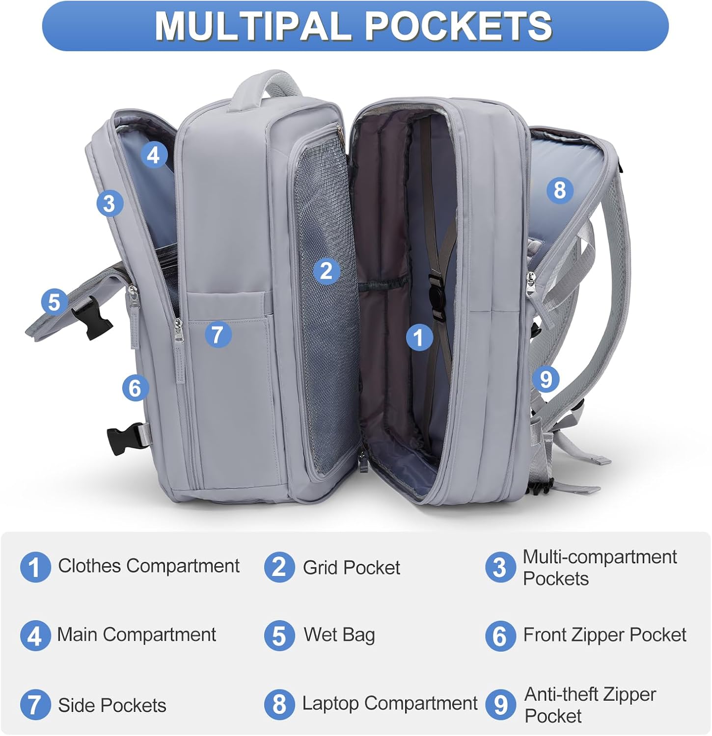 Mochila de viagem coofay casual e versátil, Cinza A, Expandable, Mochilas de viagem - Imagem 5