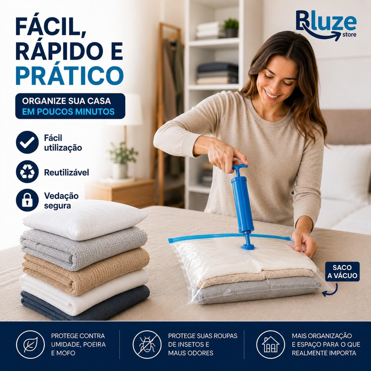 Kit 10 Sacos A Vácuo 50X60 Organizadores Para Casa E Viagens De Roupas Toalhas Cobertas Reultilizável Resistente Antimofo Impermeável Dupla Vedação Premium - Imagem 6