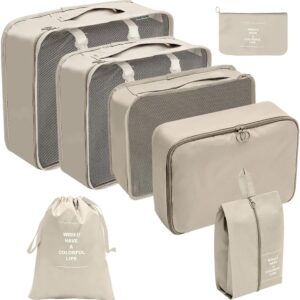 Organizador Viagem Kit 7 Peças - Necessaire para Bagagem Malas Roupas Bolsa Cosméticos Higiene - Dobrável Impermeável Multiuso Feminina Masculina Unissex Grande Compacto Prático (BEGE)