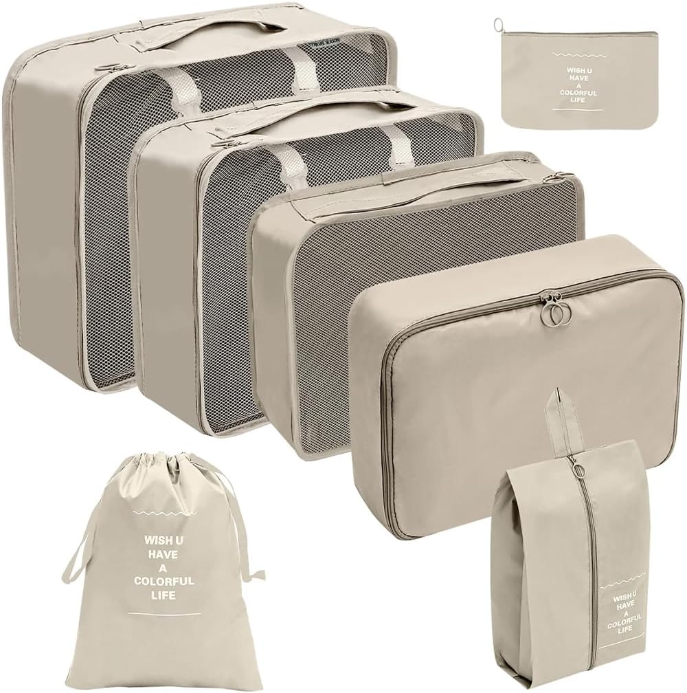 Organizador Viagem Kit 7 Peças - Necessaire para Bagagem Malas Roupas Bolsa Cosméticos Higiene - Dobrável Impermeável Multiuso Feminina Masculina Unissex Grande Compacto Prático (BEGE)