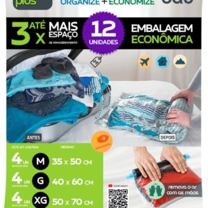 Kit 12 Sacos a Vácuo Manual p/Viagem s/Bomba - Enrole e Tire o Ar - Rolling Plus Baú