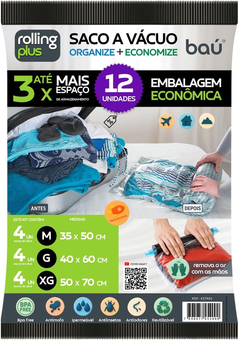 Kit 12 Sacos a Vácuo Manual p/Viagem s/Bomba - Enrole e Tire o Ar - Rolling Plus Baú