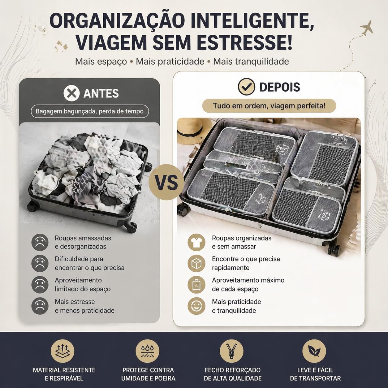 Kit Organizador de Malas 5 Peças, Cubos de Embalagem com Compressão, Organizador de Bagagem em Malha Expansível, Sacos Organizadores para Viagem, Roupas e Acessórios - Imagem 4