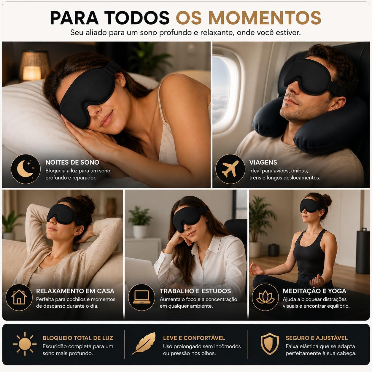 Máscara de Dormir Blackout 3D Anatômica com Ajuste Confortável – Bloqueio Total de Luz, Leve, Macia e Respirável para Sono Profundo, Viagens, Meditação e Relaxamento - Imagem 7