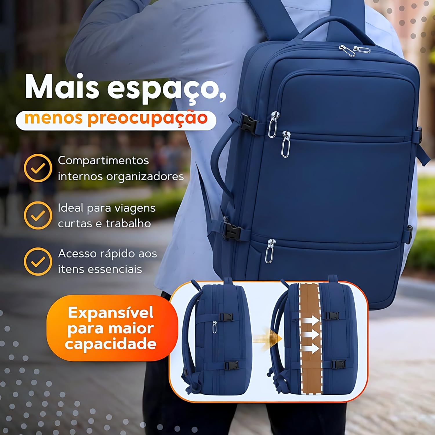 Mochila de Viagem Expansível Aprovada em Avião Bagagem de mão Impermeável Compartimento P/Notebook Laptop Porta de Carregamento USB - Imagem 3