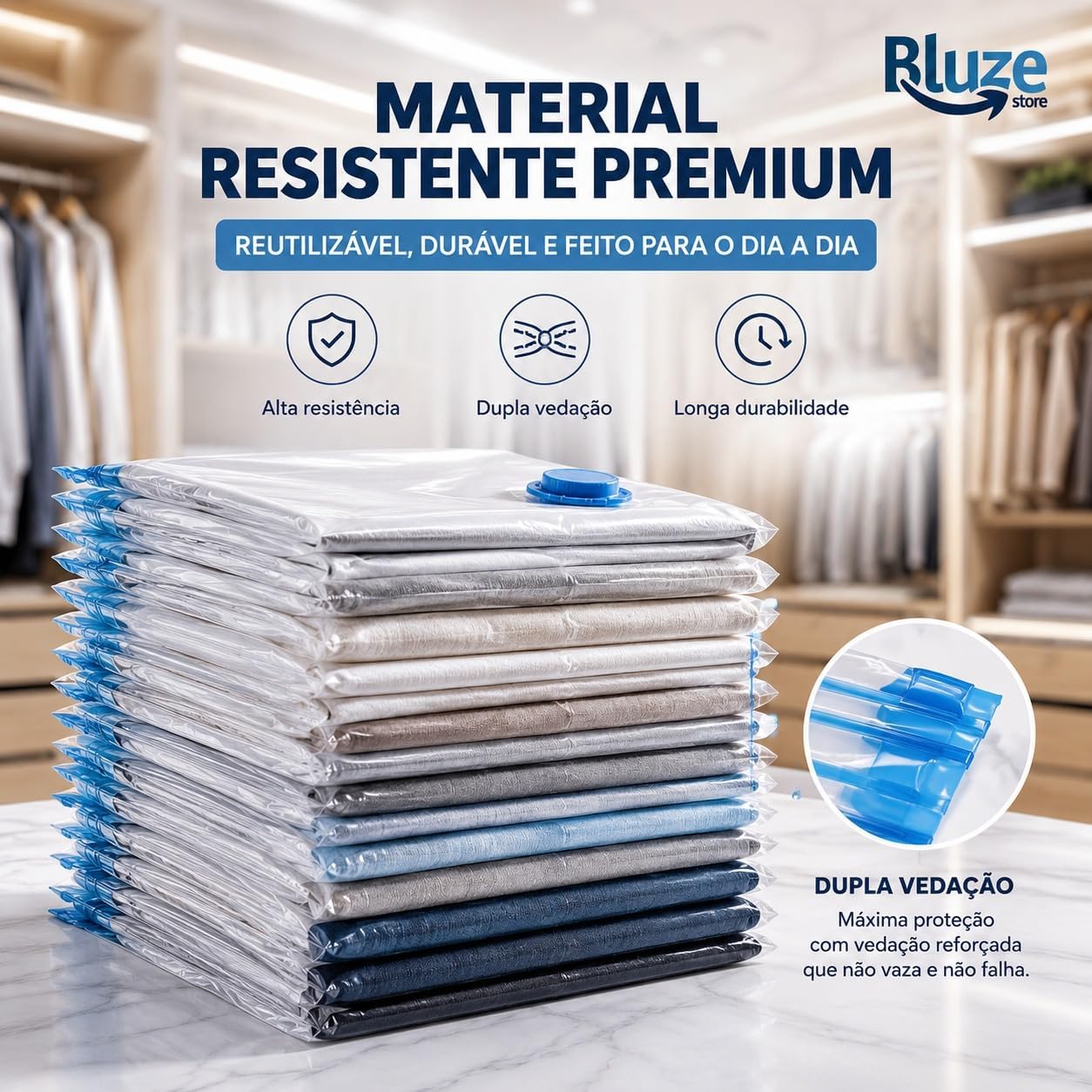Kit 10 Sacos A Vácuo 50X60 Organizadores Para Casa E Viagens De Roupas Toalhas Cobertas Reultilizável Resistente Antimofo Impermeável Dupla Vedação Premium - Imagem 2