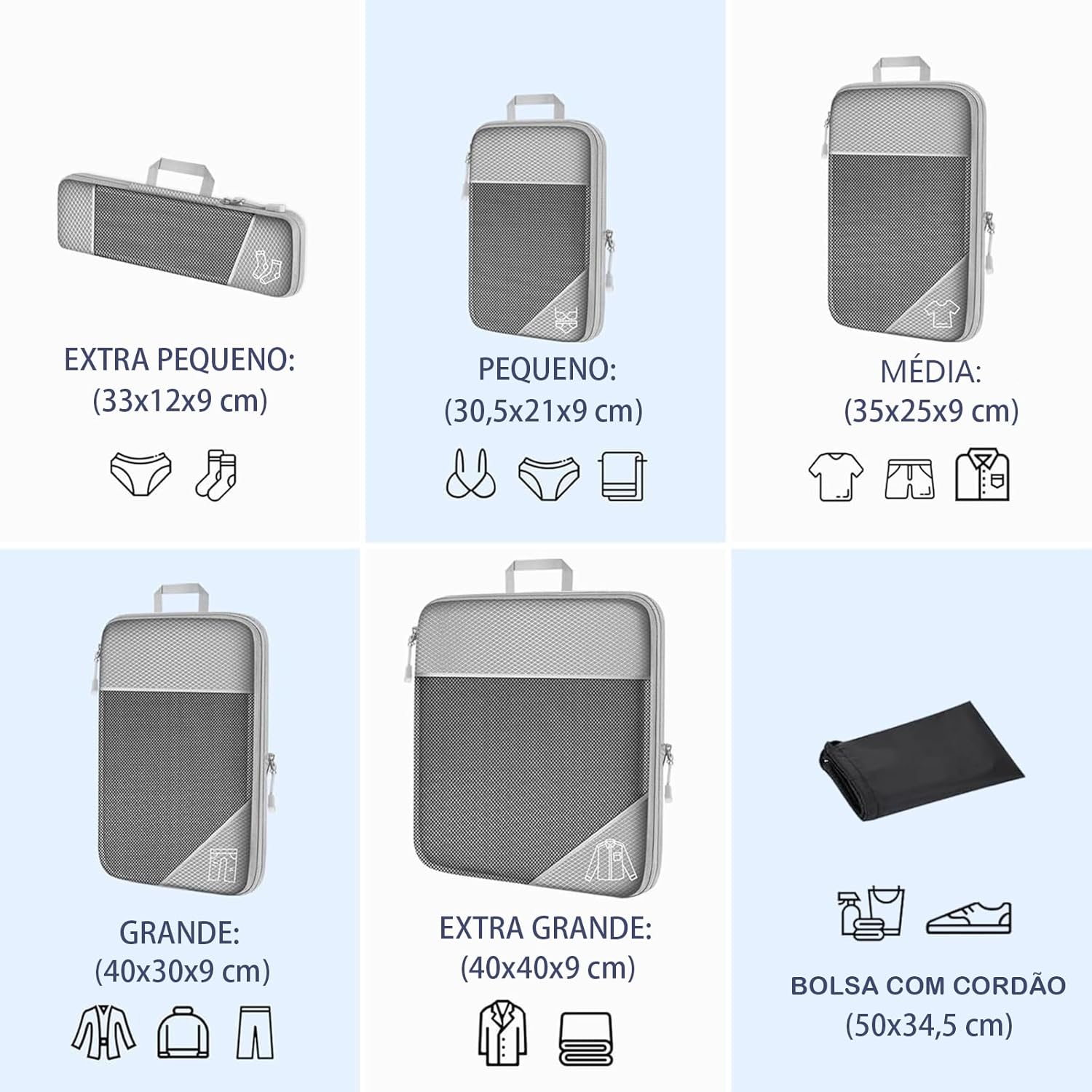 Kit 6 Organizador de Malas para Viagem, Organizador de Mala Comprimido Expansível, Organizadores de Mala em Malha, Viagens, Viagens de Negócios, Mudança de Casa (Cinza) - Imagem 2