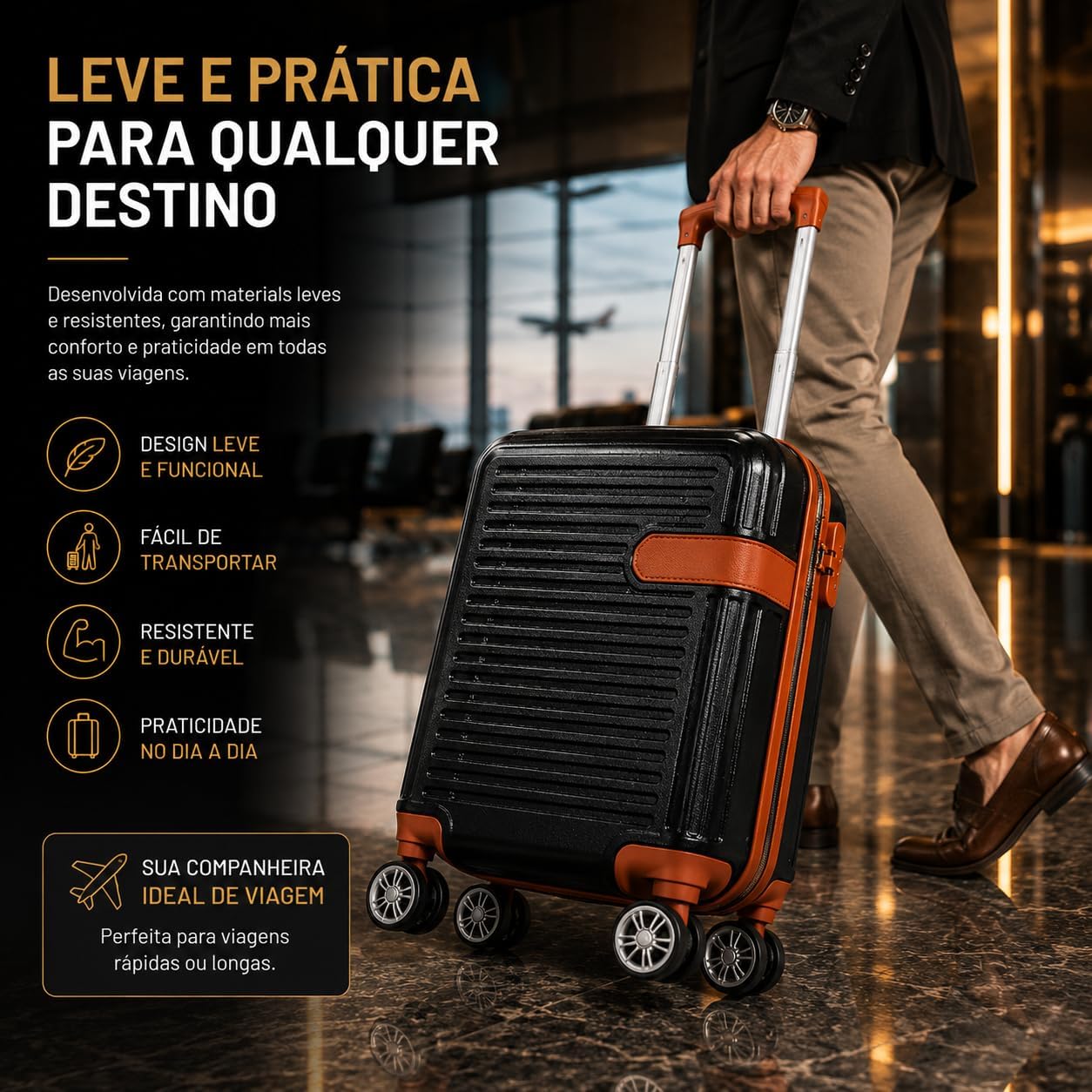 Mala de Viagem Pequena Bordo 360° Rígida com Rodinhas Giro Duplo e Cadeado Integrado, Leve, Resistente e Elegante para Avião e Viagens Curtas - Imagem 8