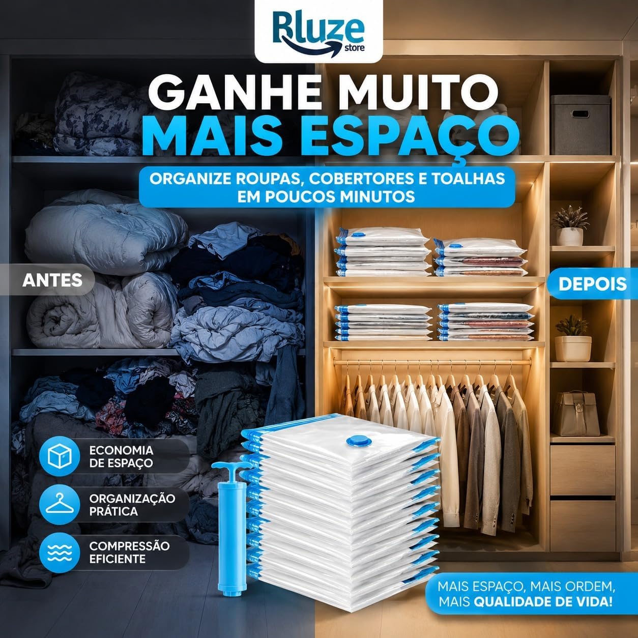Kit 10 Sacos A Vácuo 50X60 Organizadores Para Casa E Viagens De Roupas Toalhas Cobertas Reultilizável Resistente Antimofo Impermeável Dupla Vedação Premium - Imagem 5
