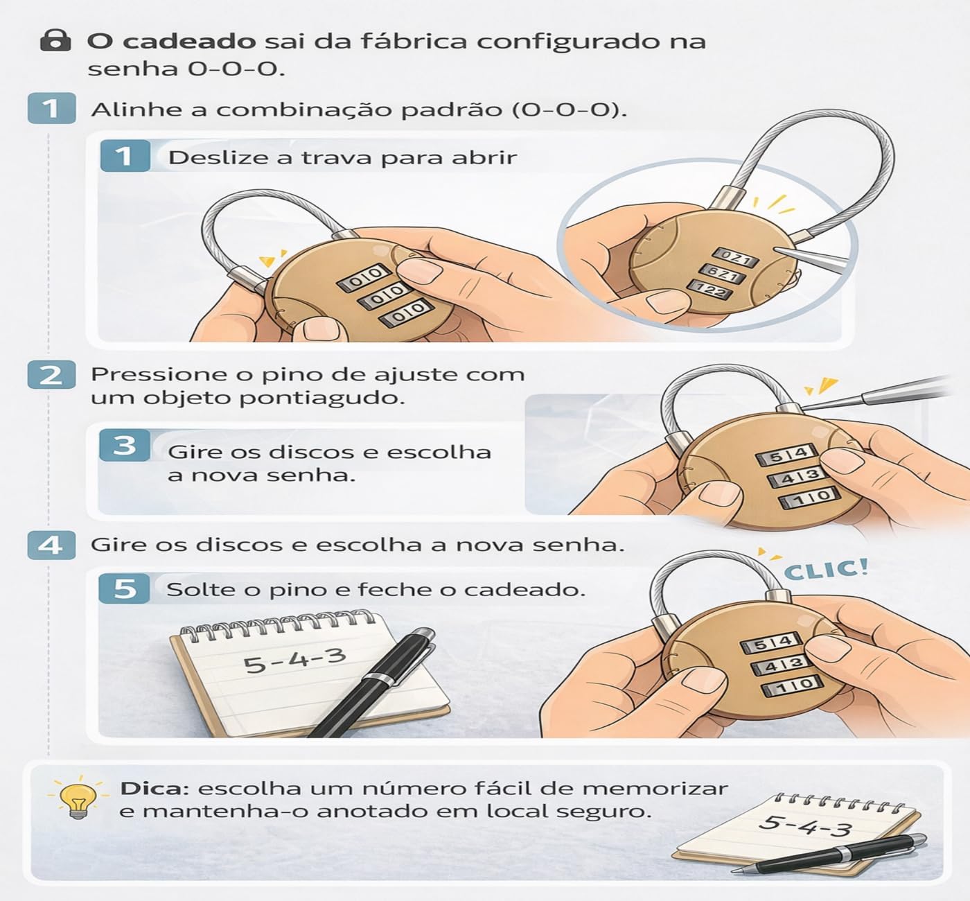 Cadeado de Segurança com Cabo de Aço, Combinação de 3 Dígitos | Trava para Mochila e Bagagem, Armário Academia, Trabalho - Imagem 9