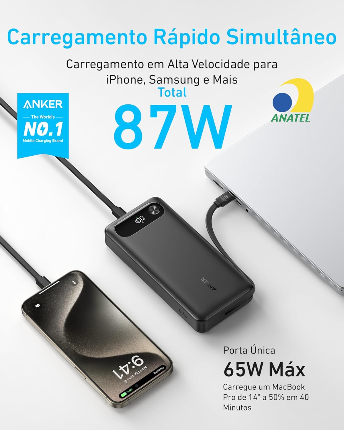 Anker Power Bank, 20.000mAh Carregador Portátil para Notebook com Cabo USB-C Integrado, 3-Portas 87W Máx Carregamento Rápido, Compatível com MacBook, iPhone 17/16/15, Samsung, Xiaomi,Switch e Mais - Imagem 2