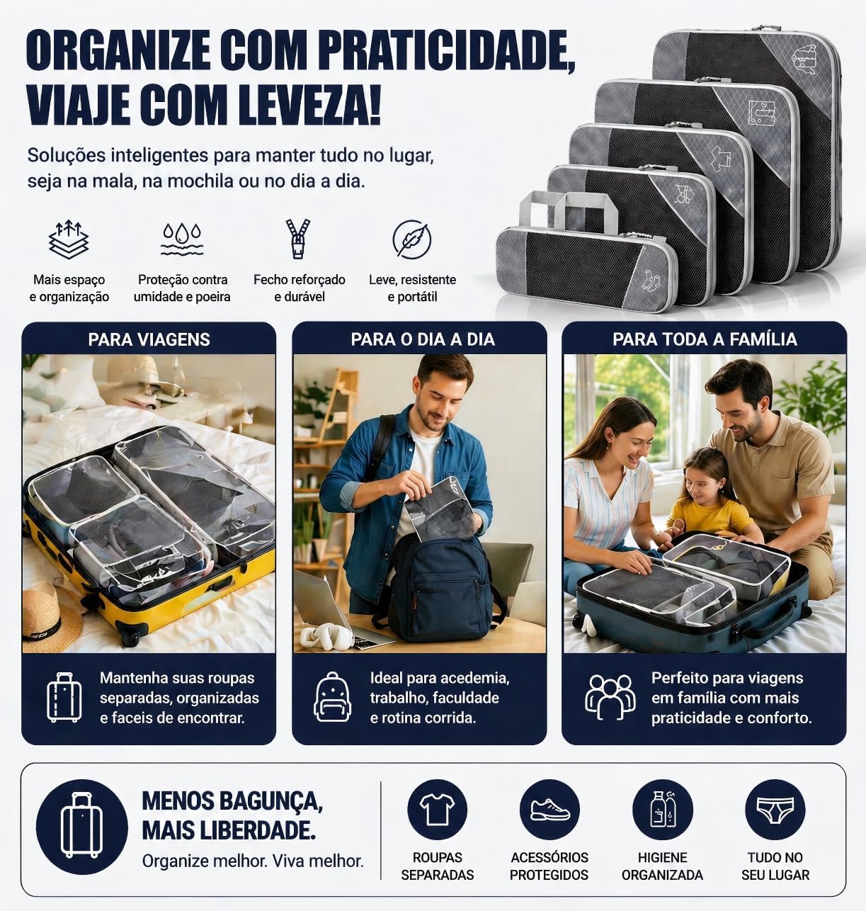 Kit Organizador de Malas 5 Peças, Cubos de Embalagem com Compressão, Organizador de Bagagem em Malha Expansível, Sacos Organizadores para Viagem, Roupas e Acessórios - Imagem 5