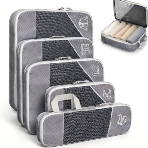 Kit Organizador de Malas 5 Peças, Cubos de Embalagem com Compressão, Organizador de Bagagem em Malha Expansível, Sacos Organizadores para Viagem, Roupas e Acessórios