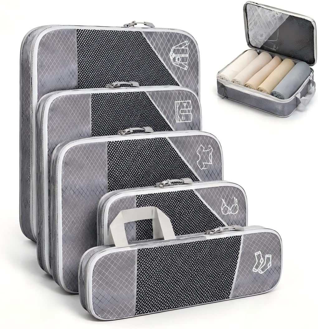 Kit Organizador de Malas 5 Peças, Cubos de Embalagem com Compressão, Organizador de Bagagem em Malha Expansível, Sacos Organizadores para Viagem, Roupas e Acessórios